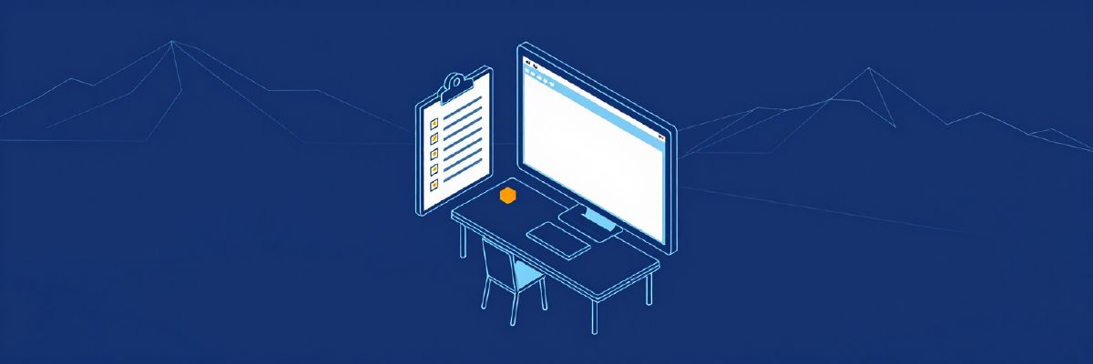 Illustration: a clipboard checklist with ten tick boxes beside a large browser window wireframe on a drafting table