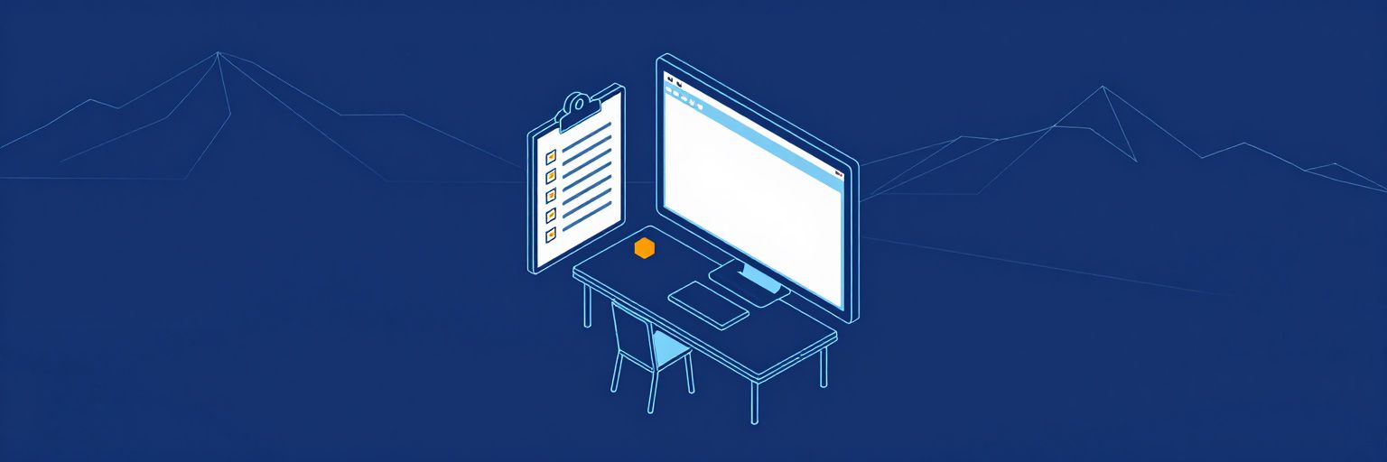 Illustration: a clipboard checklist with ten tick boxes beside a large browser window wireframe on a drafting table