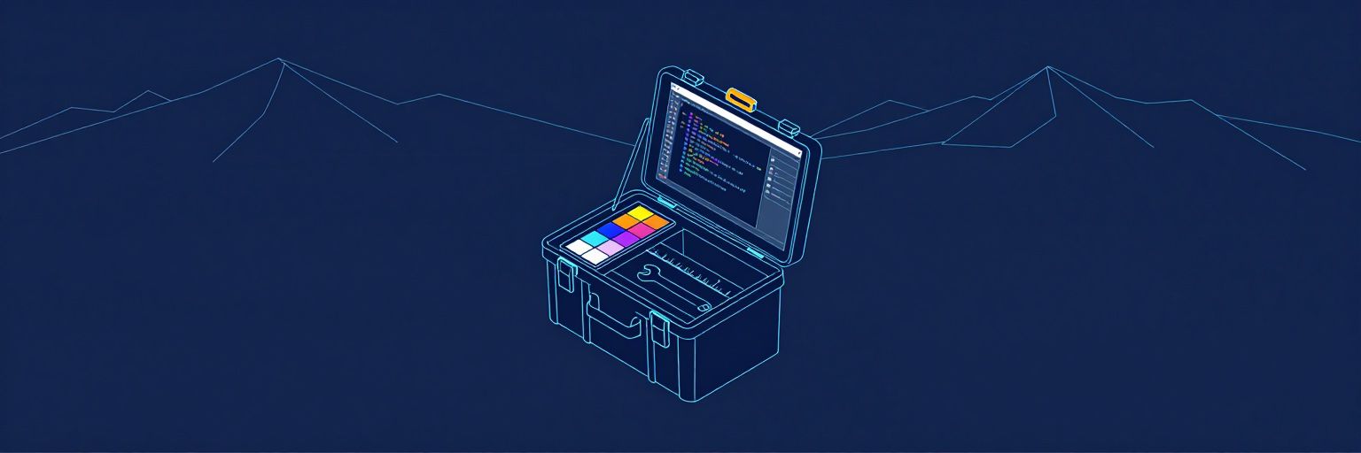 Illustration: a neatly arranged toolbox opened to reveal a code editor window, a colour palette, a ruler and a wrench made of brackets