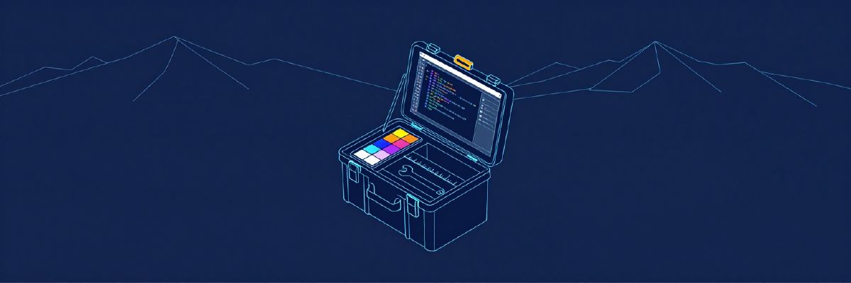 Illustration: a neatly arranged toolbox opened to reveal a code editor window, a colour palette, a ruler and a wrench made of brackets