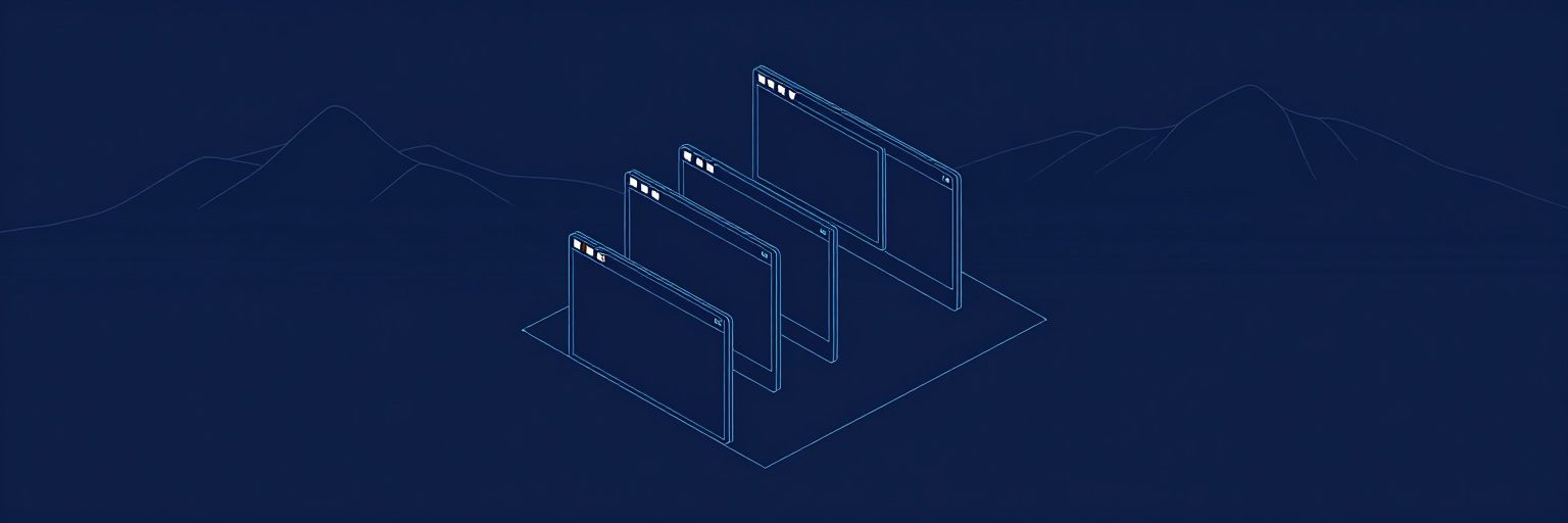 Illustration: five browser windows arranged in a rising staircase like a chart, one in dark mode, one with a microphone symbol