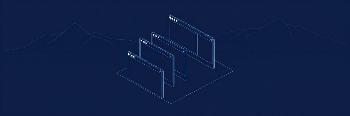 Illustration: five browser windows arranged in a rising staircase like a chart, one in dark mode, one with a microphone symbol