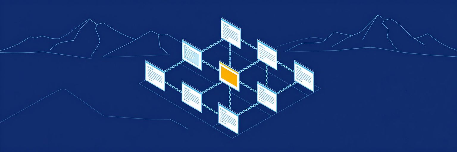 Illustration: several web page cards connected to each other by chain links on a grid, forming a network