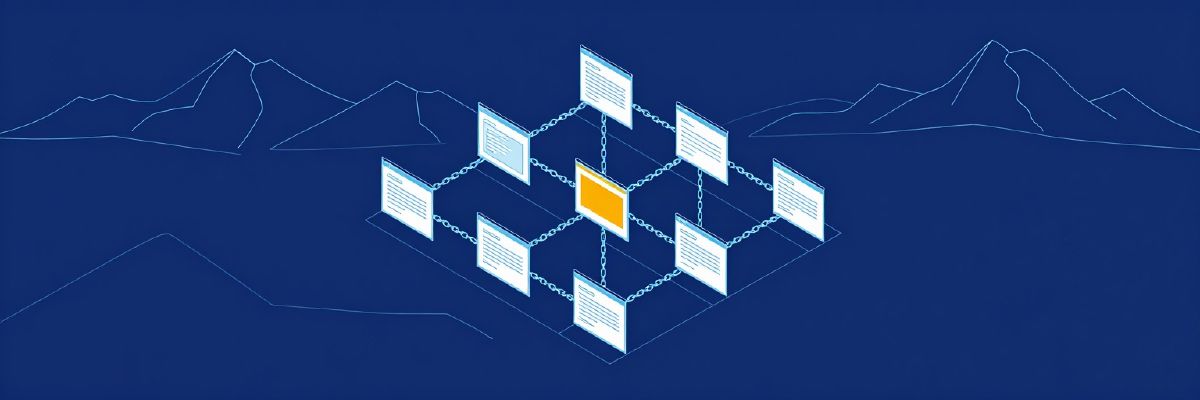Illustration: several web page cards connected to each other by chain links on a grid, forming a network