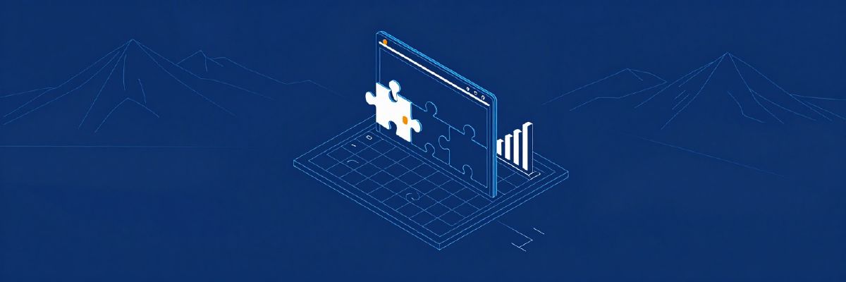 Illustration: puzzle pieces clicking into a website frame, a small rising bar chart beside it