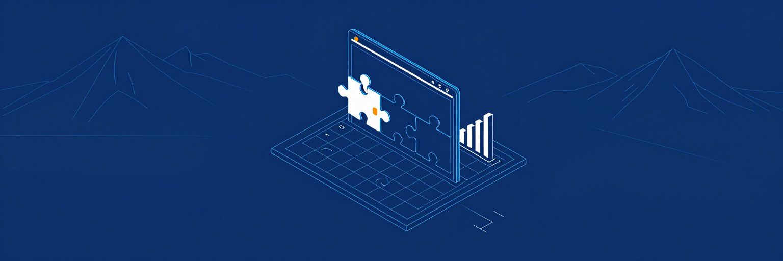 Illustration: puzzle pieces clicking into a website frame, a small rising bar chart beside it
