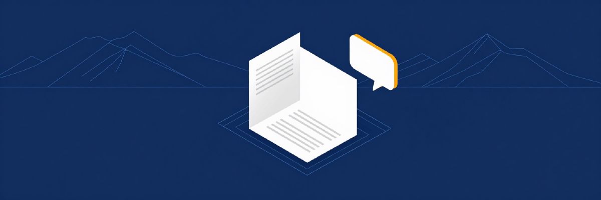 Illustration: a tri-fold printed brochure standing open on a desk beside a speech bubble shape with no text