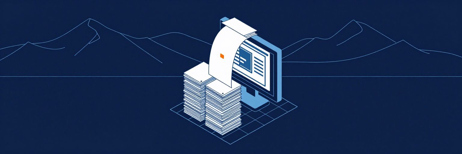 Illustration: tall stacks of paper files flowing into a neat filing cabinet that becomes a searchable digital archive on a screen