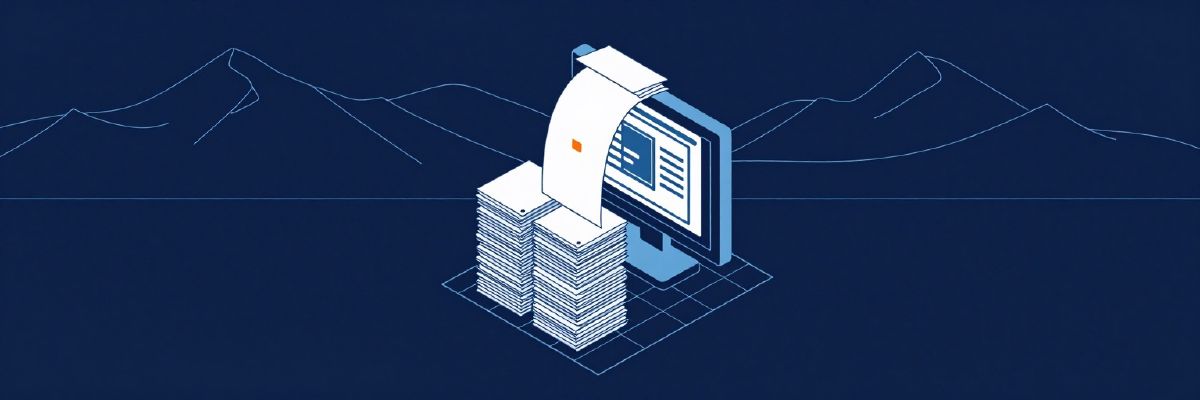 Illustration: tall stacks of paper files flowing into a neat filing cabinet that becomes a searchable digital archive on a screen