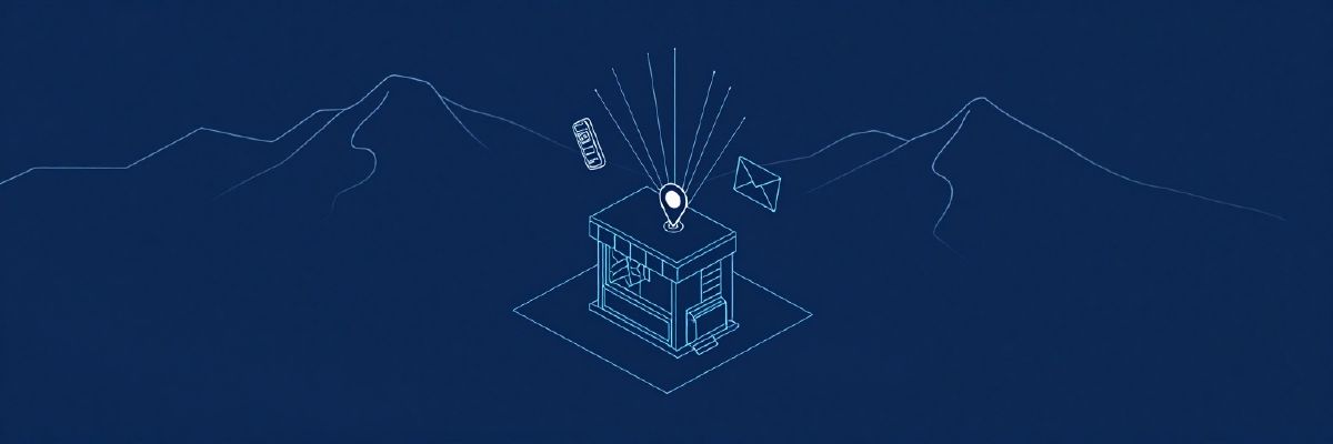 Illustration: a small shop front with a location pin above it, radiating signal lines to a phone, a map and an envelope