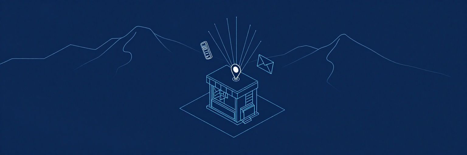 Illustration: a small shop front with a location pin above it, radiating signal lines to a phone, a map and an envelope