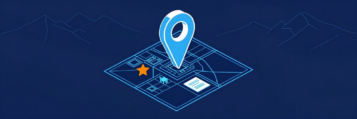 Illustration: a large map location pin on a stylised town map with a small star rating shape and a storefront card