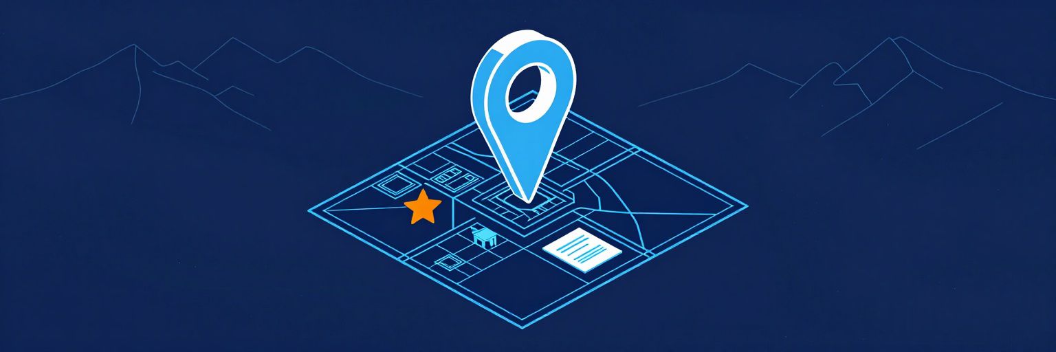 Illustration: a large map location pin on a stylised town map with a small star rating shape and a storefront card
