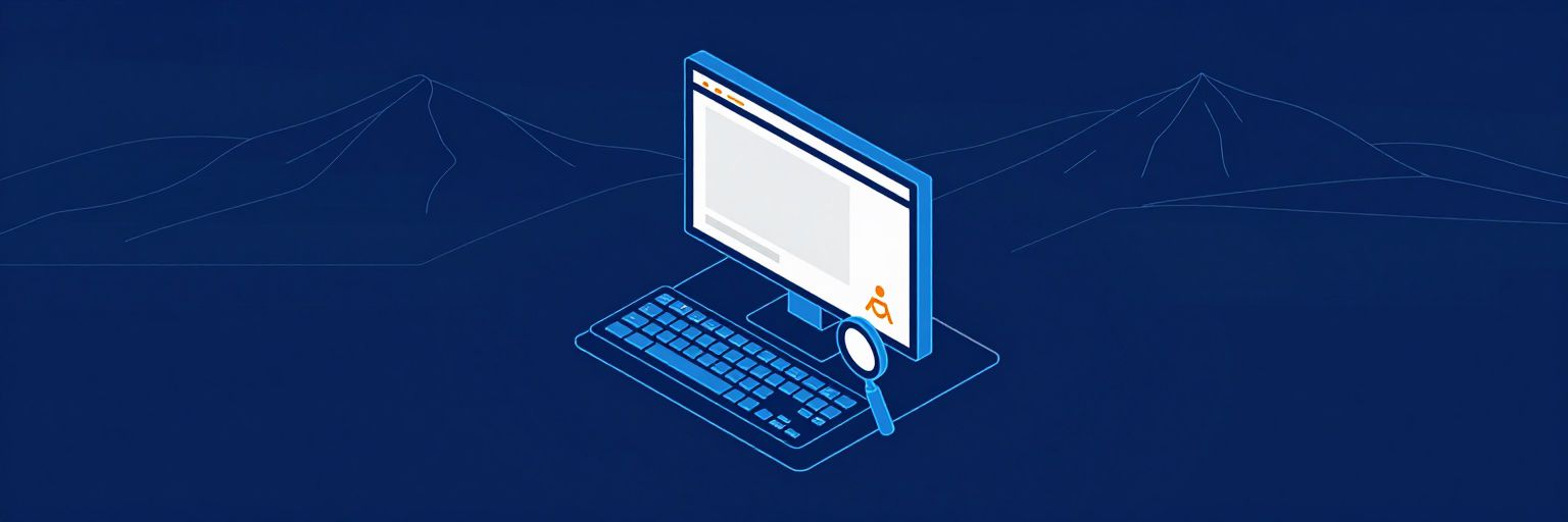 Illustration: a website window with large clear blocks, a keyboard, a magnifier and a universal accessibility figure symbol
