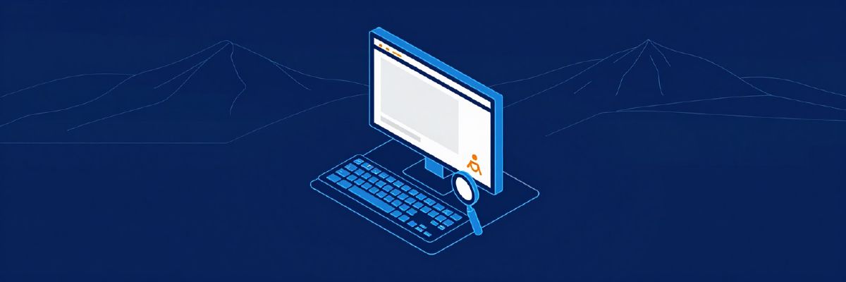 Illustration: a website window with large clear blocks, a keyboard, a magnifier and a universal accessibility figure symbol