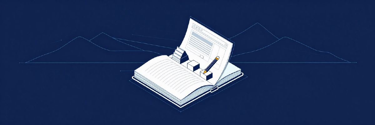 Illustration: an open notebook with wireframe sketches, a pencil, and a staircase of learning steps leading to a finished web page