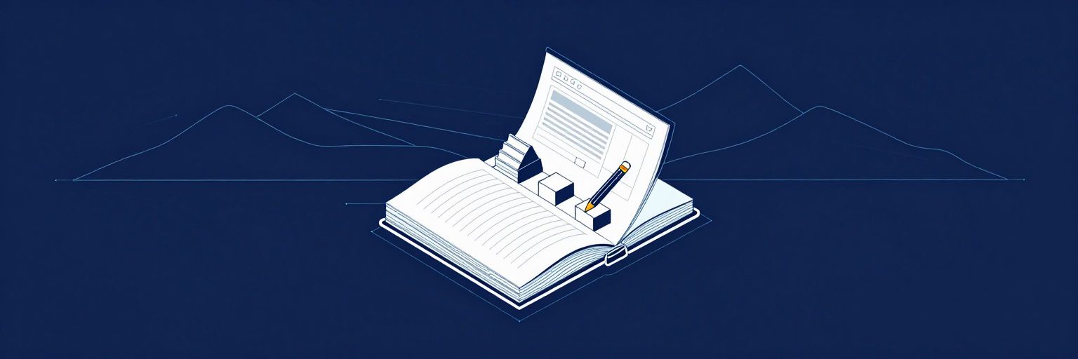 Illustration: an open notebook with wireframe sketches, a pencil, and a staircase of learning steps leading to a finished web page