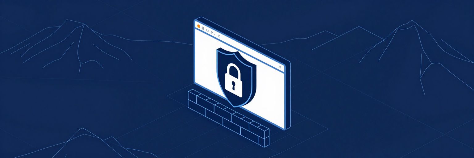 Illustration: a browser window protected by a large shield and a padlock, with a firewall of bricks in front
