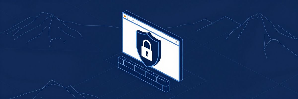 Illustration: a browser window protected by a large shield and a padlock, with a firewall of bricks in front