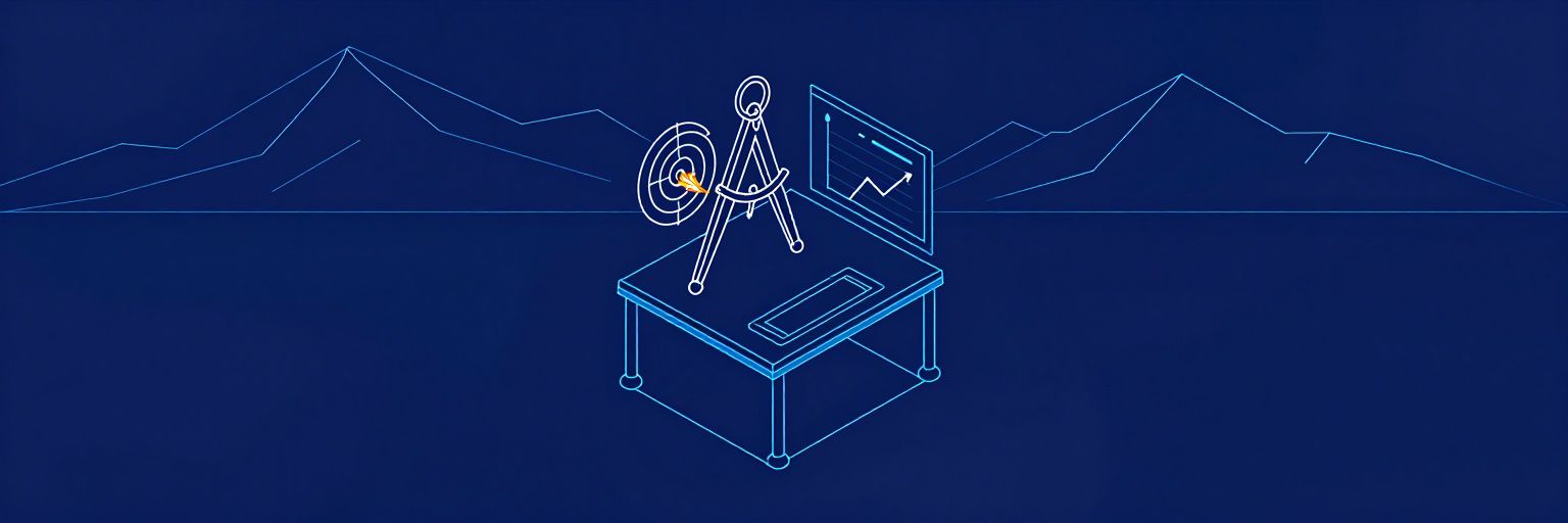 Illustration: a compass on a desk beside a target with an arrow in the centre and a small rising line graph