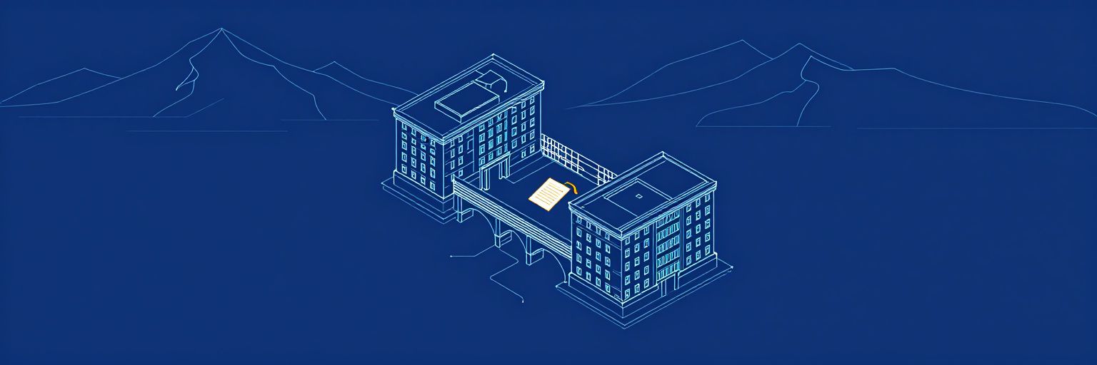 Illustration: two institution buildings linked by a bridge with a signed document and a graduation cap in the middle