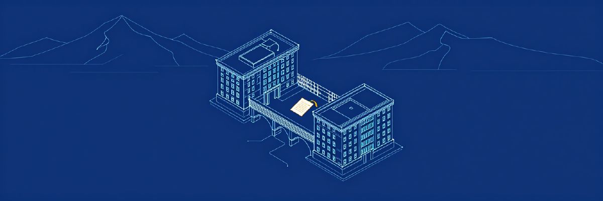 Illustration: two institution buildings linked by a bridge with a signed document and a graduation cap in the middle