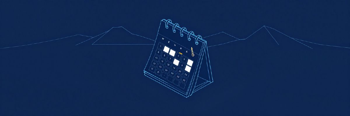 Illustration: a calendar grid with some days filled by article cards, a pen and a rising readership graph