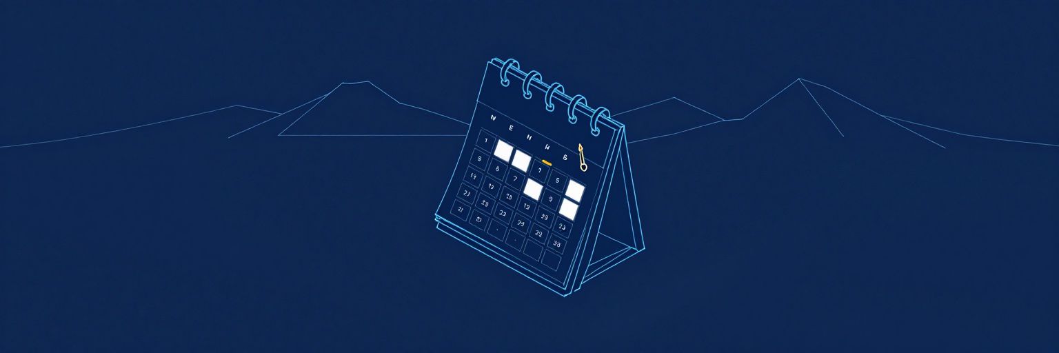 Illustration: a calendar grid with some days filled by article cards, a pen and a rising readership graph