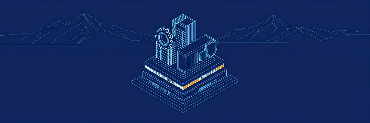 Illustration: layered architecture blocks stacked neatly as model, view and controller layers with a gear and a shield