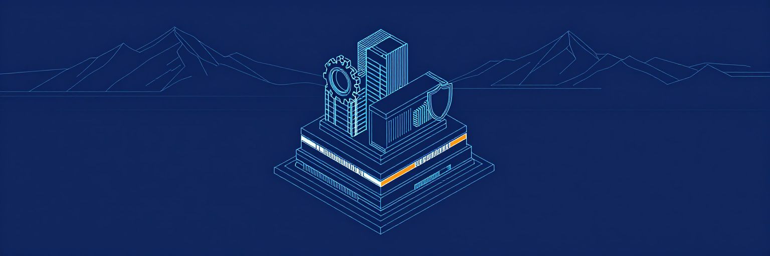 Illustration: layered architecture blocks stacked neatly as model, view and controller layers with a gear and a shield