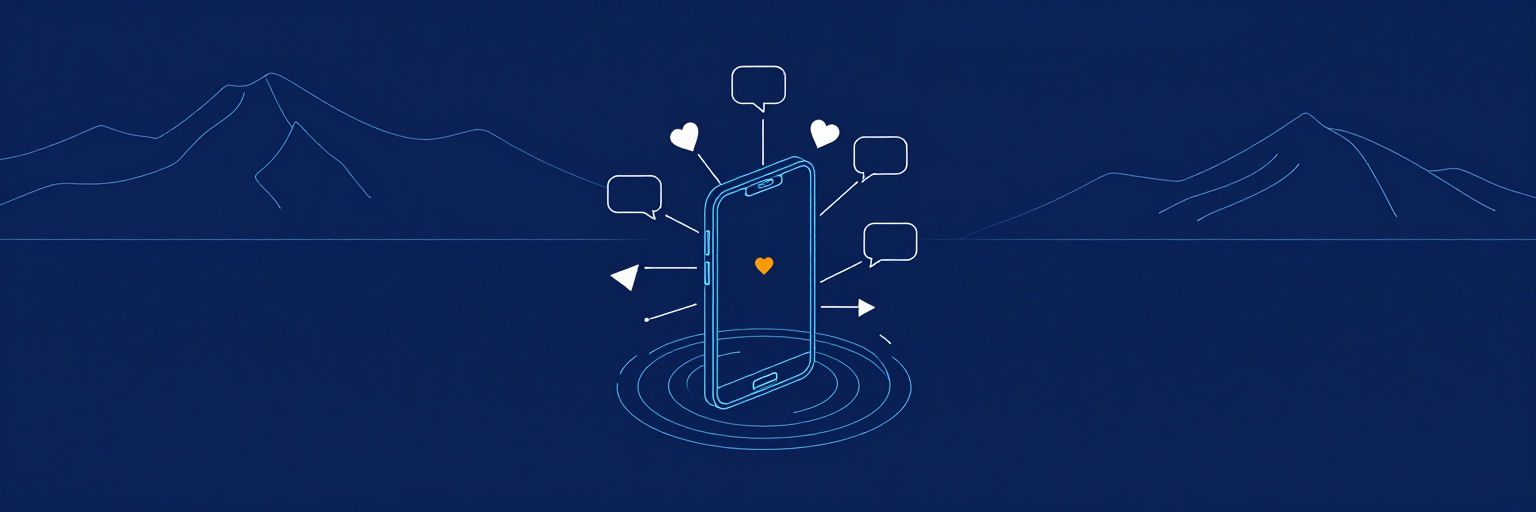 Illustration: a smartphone at the centre with connected nodes of chat bubbles, hearts and share arrows radiating out