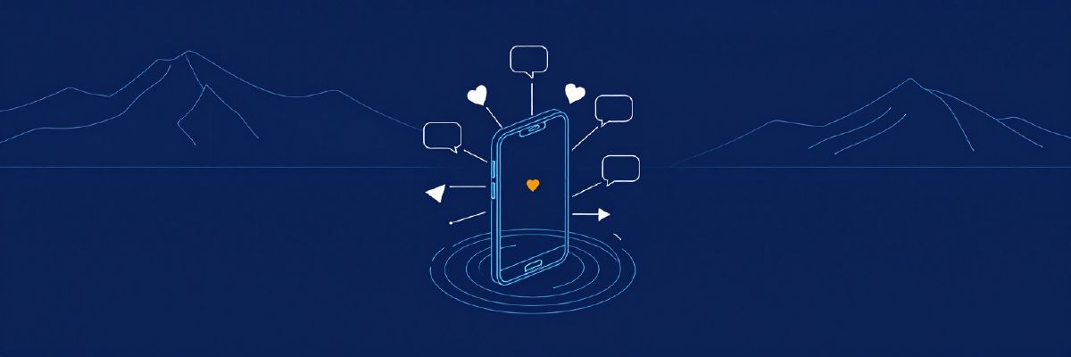Illustration: a smartphone at the centre with connected nodes of chat bubbles, hearts and share arrows radiating out