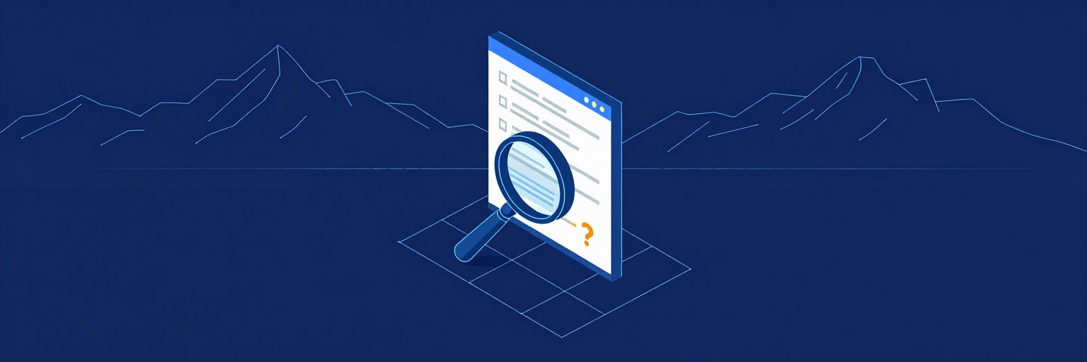Illustration: a magnifying glass over a list of search results with a small web page far down the list and a question mark shape