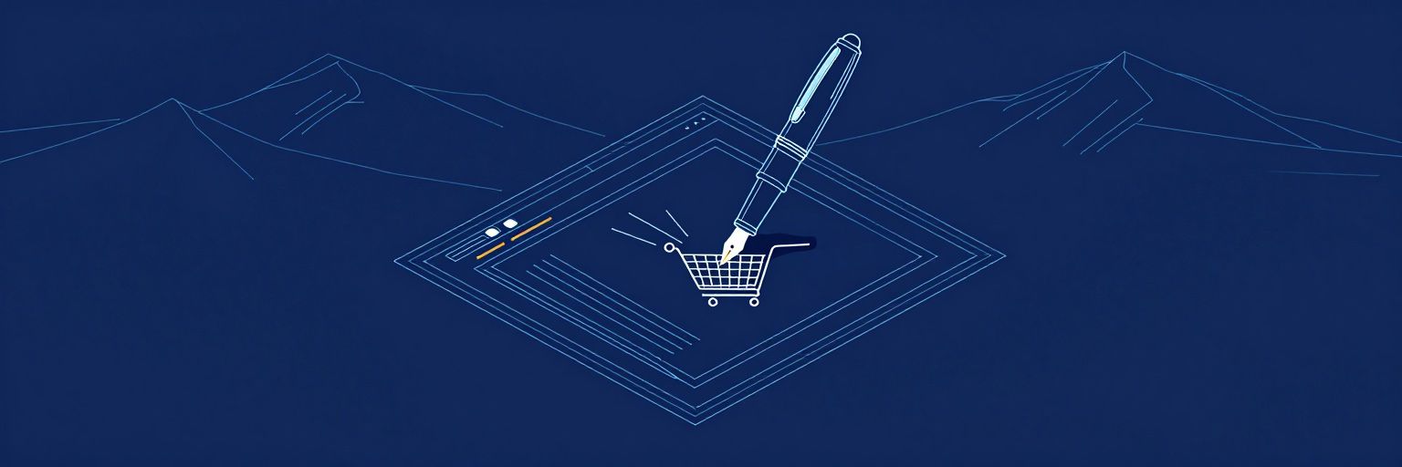 Illustration: a fountain pen writing flowing lines on a web page, the lines leading into a shopping cart