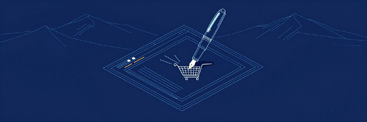 Illustration: a fountain pen writing flowing lines on a web page, the lines leading into a shopping cart