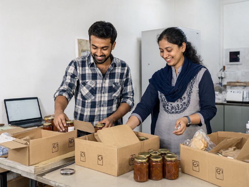 Photo (AI-generated, illustrative): two young entrepreneurs pack orders of local produce with an order list open on a laptop