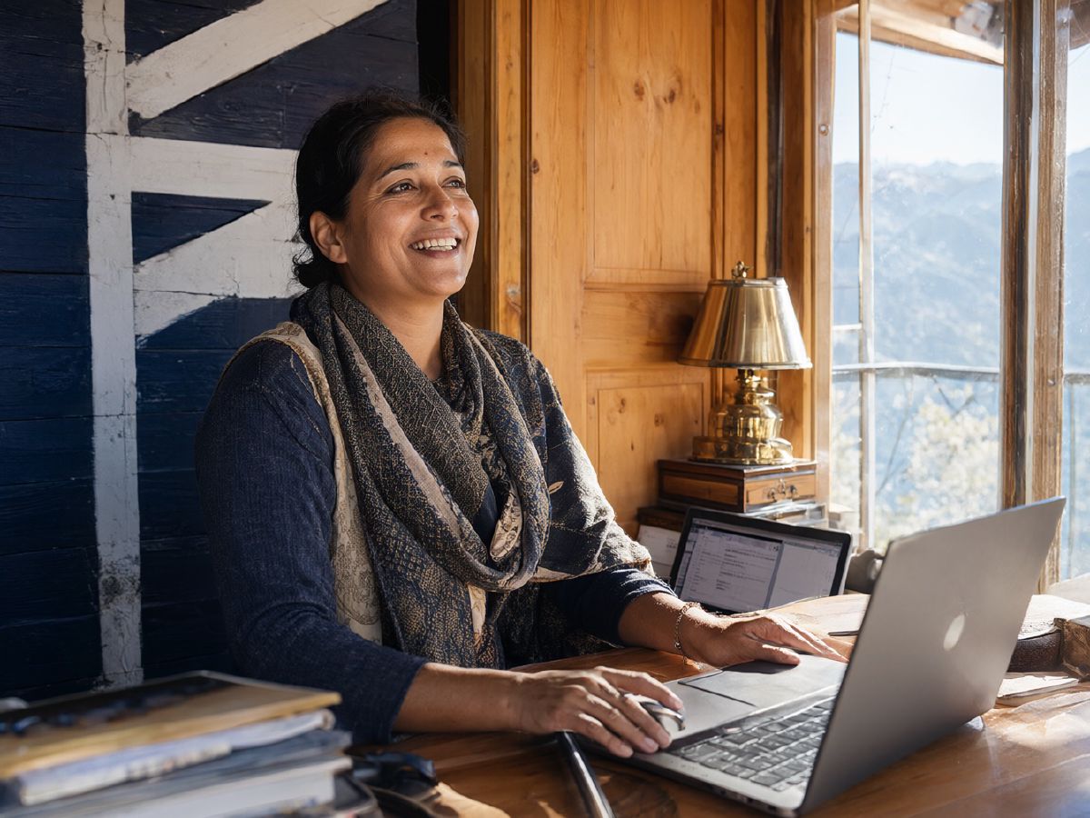 Photo (AI-generated, illustrative): a homestay owner manages bookings on a laptop at the reception of a wooden mountain guesthouse
