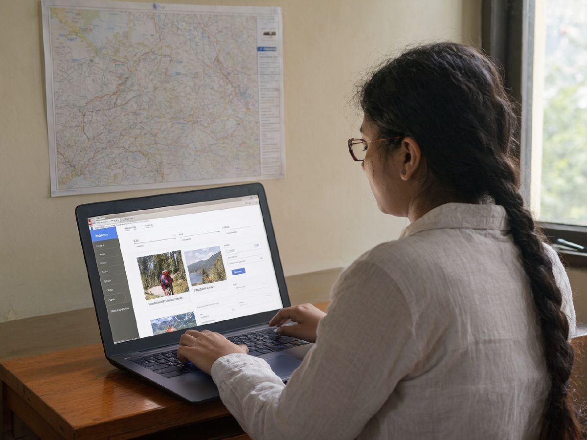 Photo (AI-generated, illustrative): a travel agent in a Shimla office updates package prices in a website admin panel