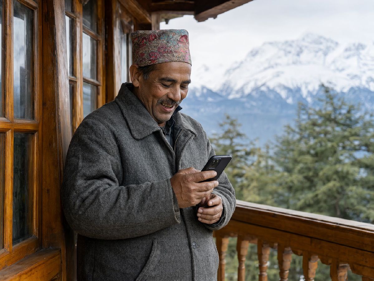 Photo (AI-generated, illustrative): a homestay owner in a Himachali cap smiles at a booking message on his phone, on a wooden veranda with snow peaks behind