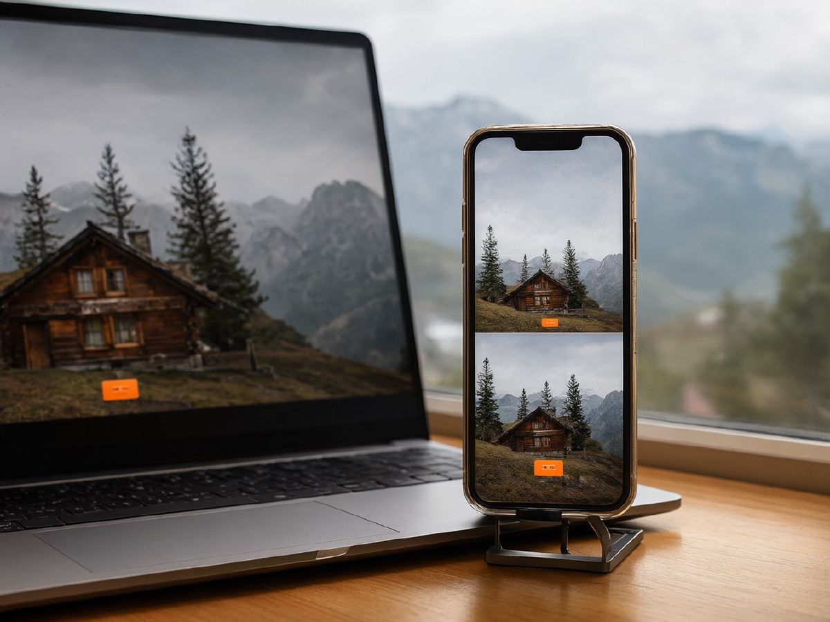 Photo (AI-generated, illustrative): the same cottage website open on a laptop and on a phone standing beside it, mountains outside the window