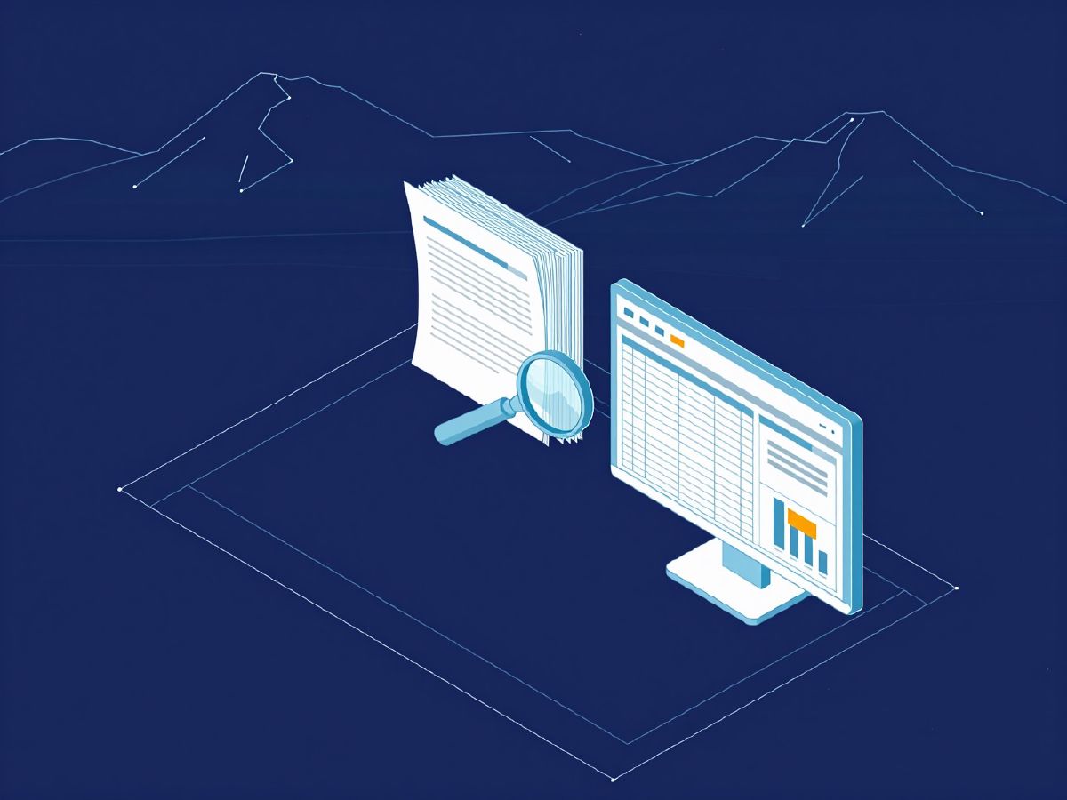 Illustration: a stack of scanned documents passing under a magnifying lens and becoming a data table and chart on a monitor