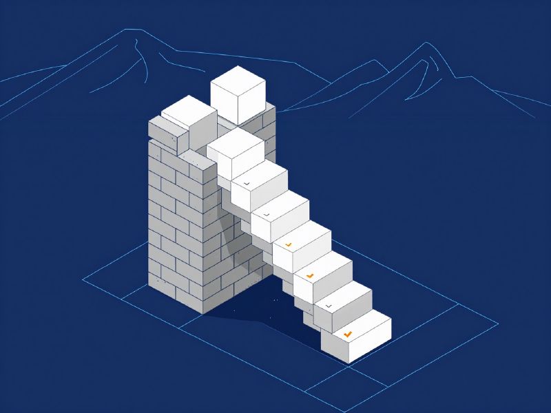 Illustration: an old monolithic block rebuilt step by step into modern modules, each step checked off