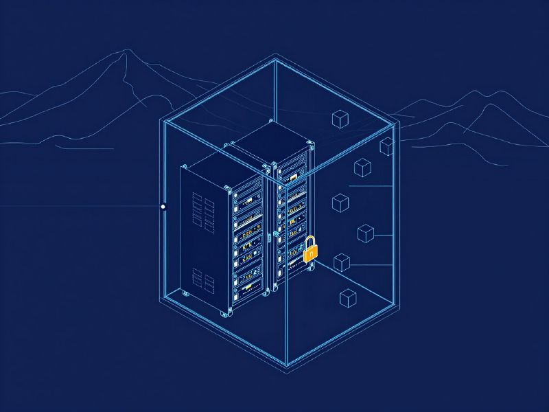 Illustration: a server rack inside a locked glass room, with data circulating only inside it