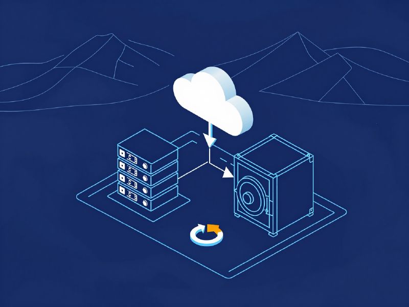 Illustration: a cloud backing up to storage drives and a vault
