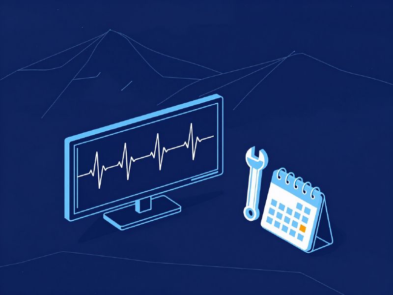 Illustration: a monitoring screen showing steady uptime, beside tools and a maintenance calendar