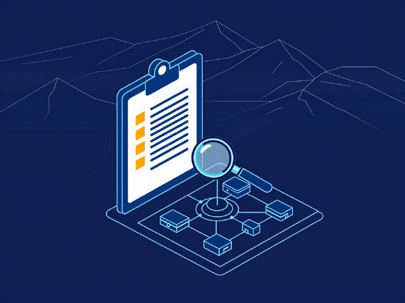 Illustration: a checklist and magnifying glass inspecting a network diagram