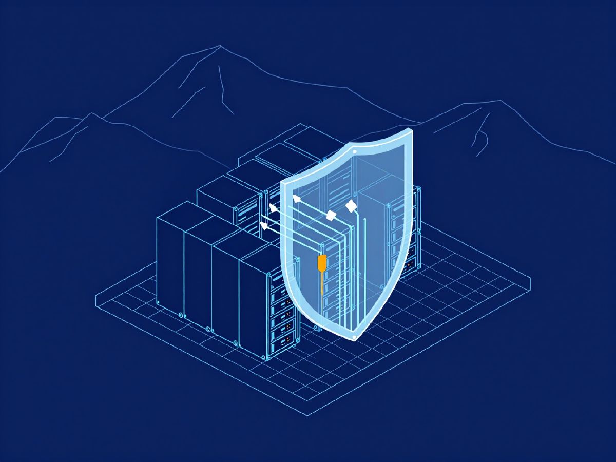 Illustration: a shield in front of servers blocking hostile traffic while clean data passes