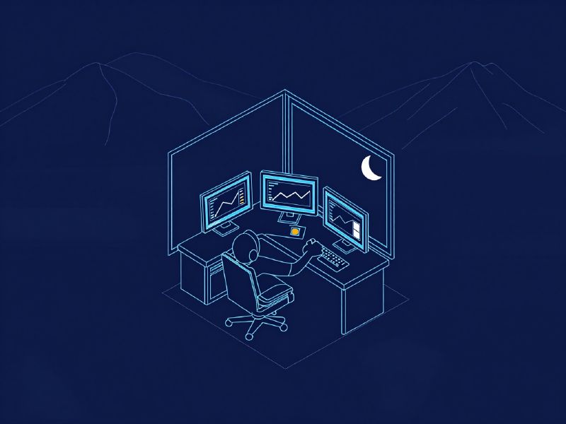 Illustration: a monitoring desk with graphs and an alert marker at night