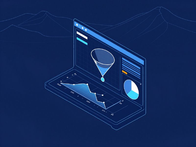 Illustration: an analytics dashboard with a conversion funnel, line graph and pie chart