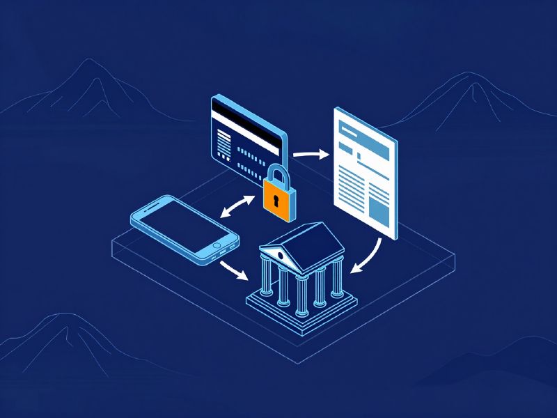Illustration: a payment card, a lock and an invoice linked between a phone and a bank